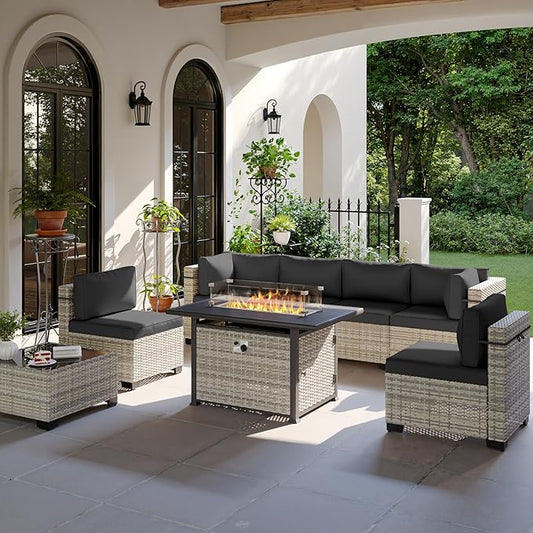 8-Piece Modern Patio Conversation Set with 55,000 BTU Fire Pit Table, Thick Cushions, Upgraded Rattan, Reinforced Frame