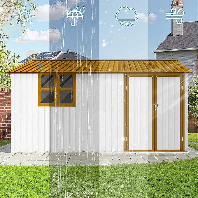 Sheds & Outdoor Storage 12 ft × 10 ft Storage Shed Large Classic Apex Roof Metal Garden Storage Sheds with Hinged Door, Window Tool Cabinet for Backyard, Patio, Poolside, White + Yellow
