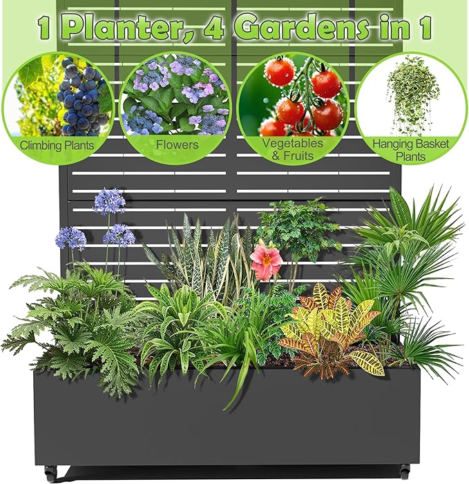15.7"×70.9"×47.2" Metal Raised Garden Bed with Trellis and Wheels - Tall Trellis Planter Box for Climbing Plants, Vegetables & Vines - Outdoor Privacy Planters for Patio (Black-Louvered)
