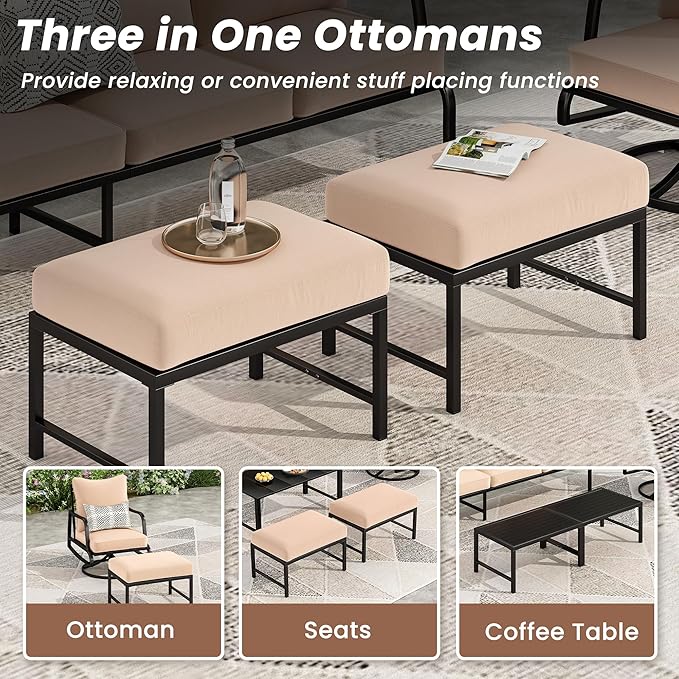 Soohow Patio Furniture Set, 5 Piece Outdoor Patio Furniture Set, 2 x Outdoor Swivel Chair, 1 x 3-Seats Sofa and 2 x Ottoman, Metal Conversation Set for Porch, Balcony, and Backyard