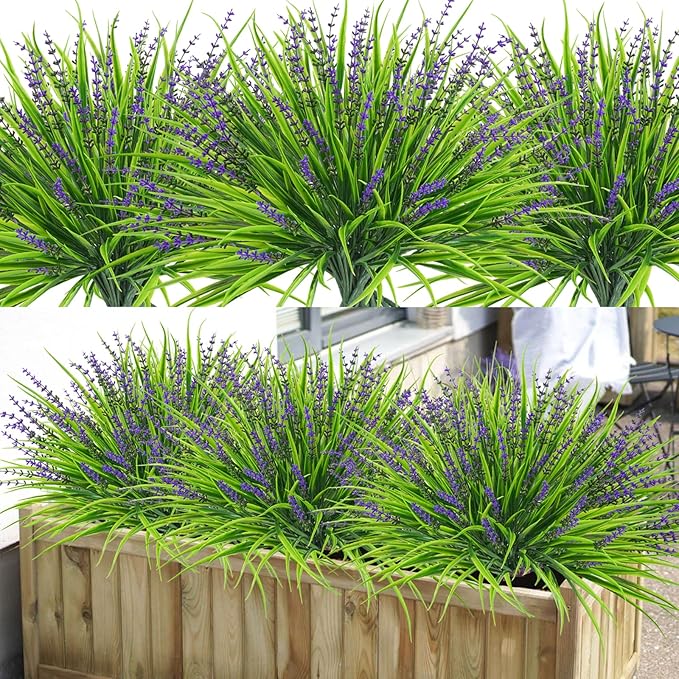 36 Pcs Artificial Flowers for Outdoors, UV Resistant Fake Outdoor Plants Faux Plastic Monkey Greenery Grass for Outside Front Porch Garden Window Box Home Office Planters Desk Decor (Purple)