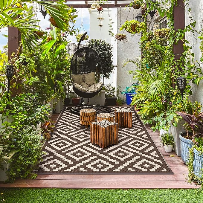 GENIMO 5x8 Outdoor Rug Waterproof, Reversible Mats, Outdoor Area Rug, Plastic Outside Carpet, Geometric Rv Mat for Patio Camping Rv Picnic Backyard Deck Balcony Porch Beach Trailer (Coffee&Beige)