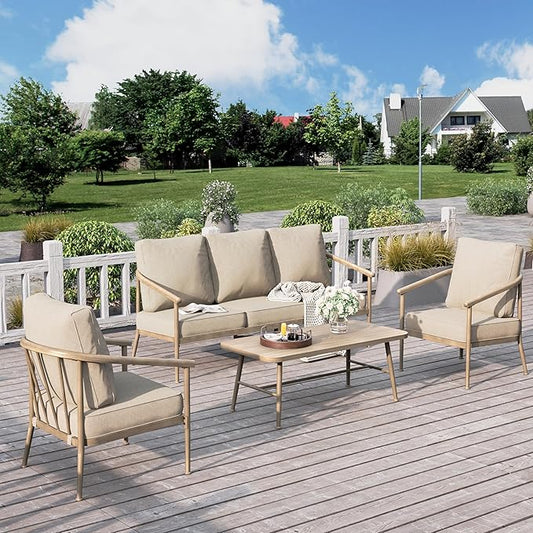 HERA'S HOUSE Patio Furniture Set, 2 x Cushioned Leg Chair, 3-Seat Sofa with Wood Grain Coffee Table, 5 Seats Luxury Windsor Style All Weahter Outdoor Sofa Conversation Set for Deck Lawn Backyard