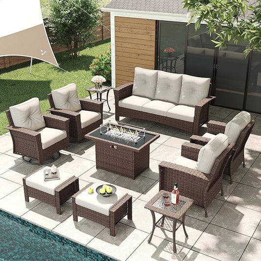 LayinSun 10 Piece Wicker Patio Furniture Set with Fire Pit Table, Classis Outdoor Conversation 360 Degree Swivel Chairs Set with Coffee Table
