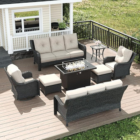 LayinSun 8 Piece Wicker Outdoor Furniture Set with 6-inch Comfy Cushions, High Back Patio Furniture Set with Swivel Rocking Chairs and Fire Pit Table