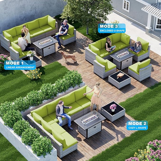 8-Piece Patio Furniture Set, Outdoor Patio Furniture with 55,000 BTU Fire Pit Table, Thick Cushions, Modular Patio Sofa, Dual-Strand Wicker Rattan, Rust-Resistant Frame, Grass Green