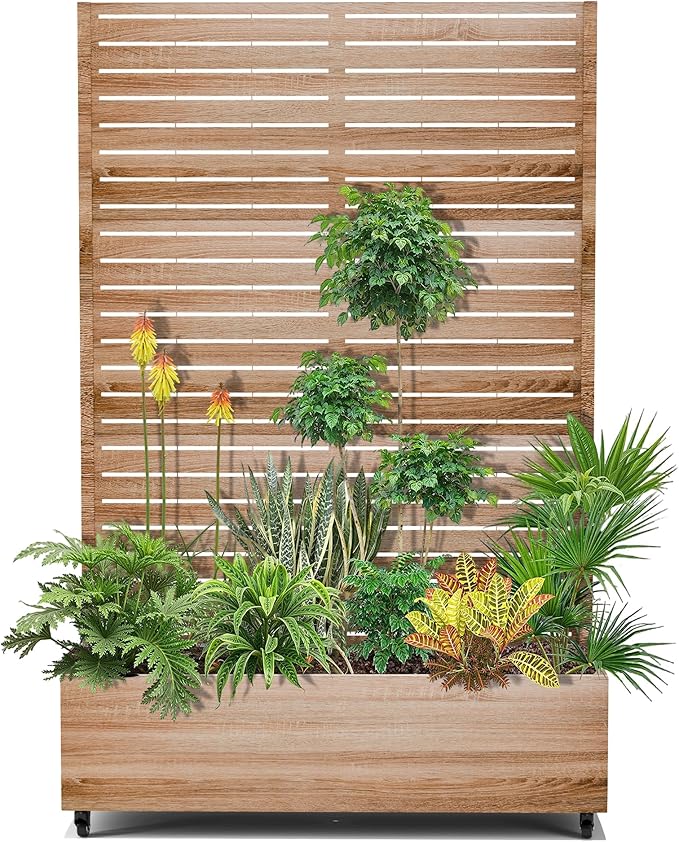 15.7"×70.9"×47.2" Metal Raised Garden Bed with Trellis and Wheels - Tall Trellis Planter Box for Climbing Plants, Vegetables & Vines - Outdoor Privacy Planters for Patio (Cut Oak Grain)