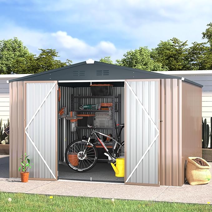 AECOJOY 10'x10' Outdoor Storage Shed, Large Metal Sheds & Outdoor Storage Clearance Steel Yard Shed with Lockable Doors, Utility and Tool Storage Garden Sheds for Barkyard, Patio and Outside Use
