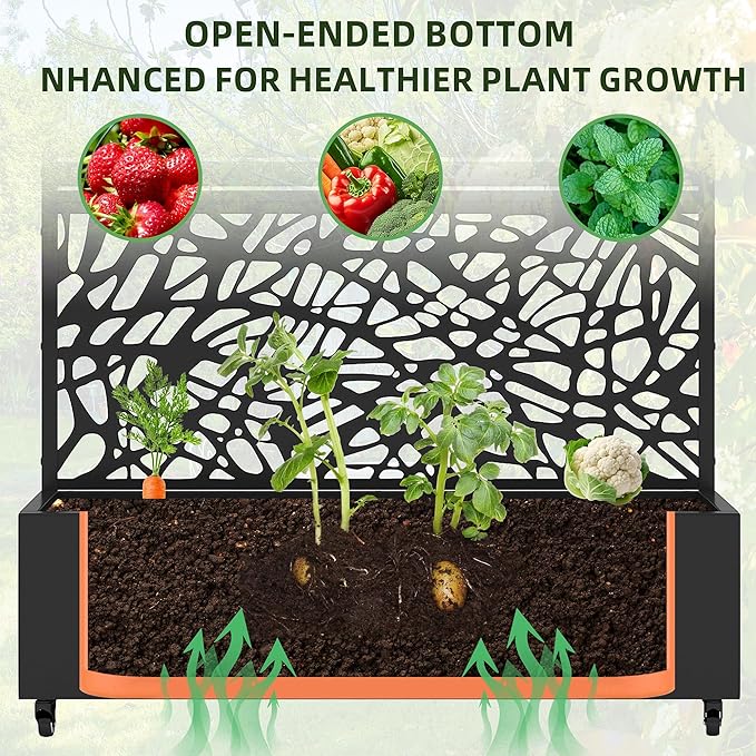 Casaphoria Metal Raised Garden Bed with Trellis and Wheels, 72"x47"x16" Arched Planter Box for Climbing Plants, Vegetables & Vines, Features Drainage Holes and Privacy Screen (Black-Helen&Net)