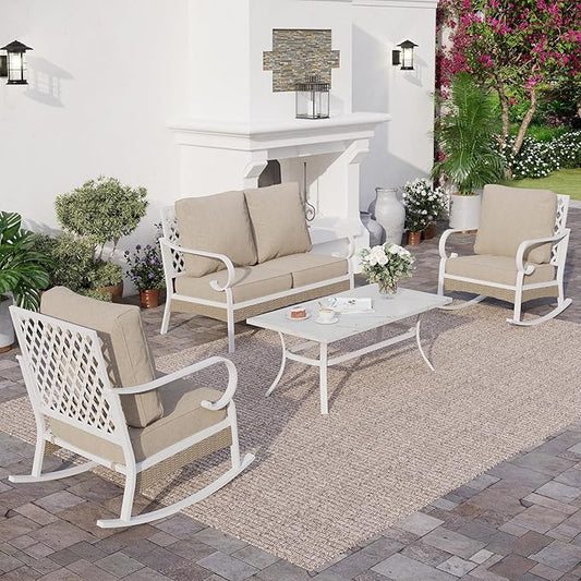 4 Piece Metal Outdoor Patio Furniture Sets, Patio Conversation Sets 1 2-Seater Sofa, 2 Single Sofa with 5.75" Thick Cushion and Coffee Table, White Frame Backyard Furniture, Beige