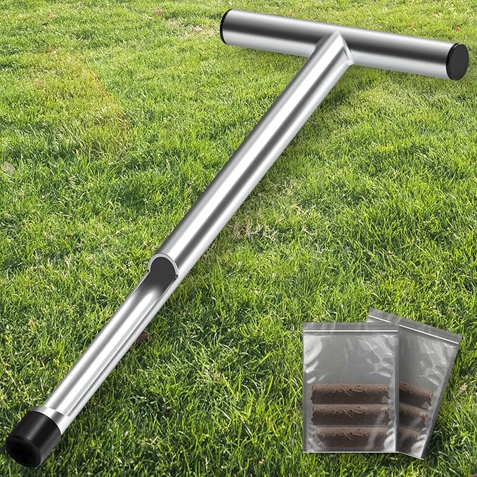 ForoGore 17 Inch Stainless Steel Soil Sampler Probe, T-Style Handle Soil Test Probe, Soil Probe for Soil Sampling, Soil Test Kit for Plant Care, Farm, Lawn Garden