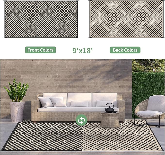 GENIMO Outdoor Rug for Patio Clearance, 9'x18' Waterproof Camping Mat, Reversible Plastic Straw Rugs for RV, Camper, Balcony, Backyard, Picnic, Deck (Black & Beige)