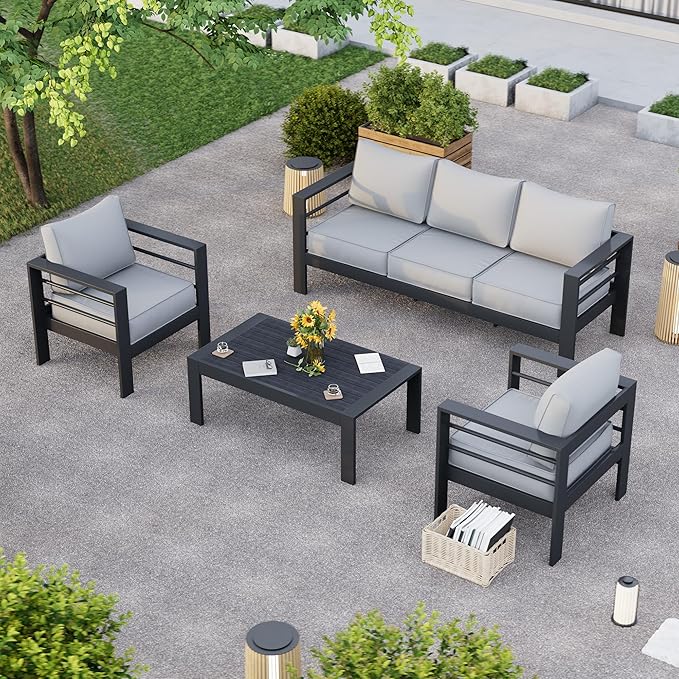 Aluminum Patio Furniture Set, 6 Piece Metal Outdoor Furniture Set, Patio Set with Waterproof Covers for Backyard Garden