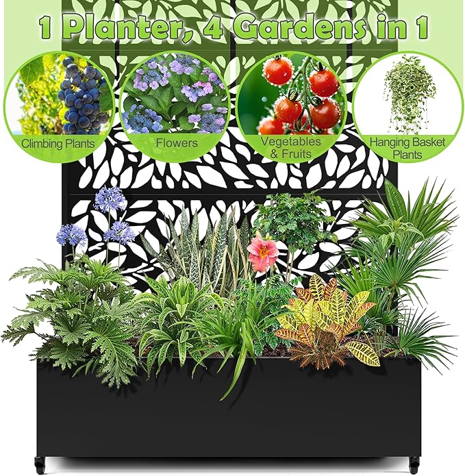 15.7"×70.9"×47.2" Metal Raised Garden Bed with Trellis and Wheels - Tall Trellis Planter Box for Climbing Plants, Vegetables & Vines - Outdoor Privacy Planters for Patio (Black)