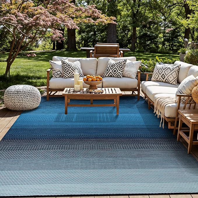 Rugshop Stripe Shade Reversible Crease-Free Waterproof Premium Recycled Plastic Outdoor Rugs for Patio,Backyard,RV,Deck,Picnic,Trailer,Beach,Camping,Sunroom Sky/Blue 7'10" x 10'