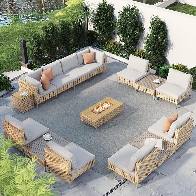 Grand patio 15-Piece Patio Furniture Set with 47" Fire Pit Table, Outdoor Conversation Set & 50,000 BTU 47 Inch Rectangle Propane Fire Pit & Storage Box with Water Resistant Thick Cushions, Cream