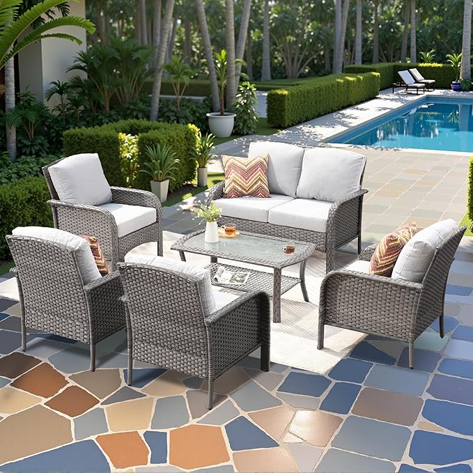 6-Piece Wicker Patio Furniture Set, All-Weather Rattan Conversation Bistro Loveseat Chair and Table Set for Backyard, Balcony and Deck with Soft Cushions and Metal Table(Grey)
