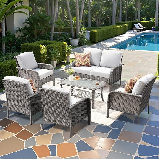 6-Piece Wicker Patio Furniture Set, All-Weather Rattan Conversation Bistro Loveseat Chair and Table Set for Backyard, Balcony and Deck with Soft Cushions and Metal Table(Grey)