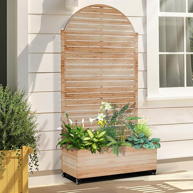 Raised Garden Bed with Arched Trellis and Wheels,73"x35"x16" Metal Raised Garden Bed,Acacia Finish Metal Planter with Climbing Trellis for Vines & Vegetables