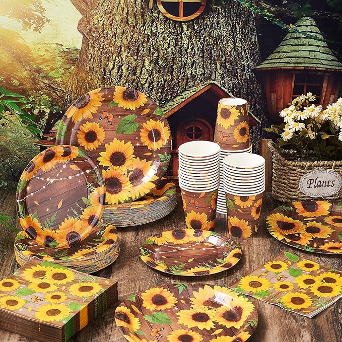 250 Pcs Sunflower Party Decorations Include Spring Summer Floral Paper Plates Napkins and Cups for Wildflower Baby Shower Tea Decorations, Serve 50 Guest(Yellow and Brown,Sunflower Style)