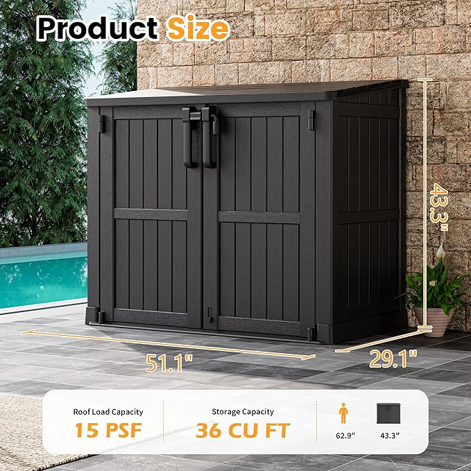 LHBcraft Outdoor Storage Cabinet 36 Cu Ft with Lockable Doors, Portable Horizontal Resin Storage Shed - Easy to Assemble, Waterproof Small Storage Shed with Floor Black