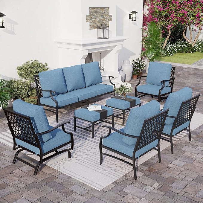 7 Piece Metal Outdoor Patio Furniture Sets, Patio Conversation Sets 1 3-seater Sofa, 2 Fixed Chair, 2 Rocking Chair, 2 Ottomans with 5.75" Thick Cushion, Black Backyard Furniture, Navy