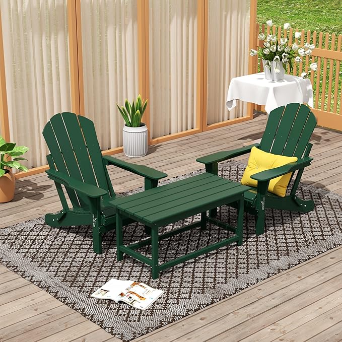 WO Home Furniture Adirondack Chairs Table Set of 3 PCS Outdoor Folding Chairs Coffee Table Weather/UV Resistant for Lawn, Garden, Bon Fire, Balcony (Dark Green)