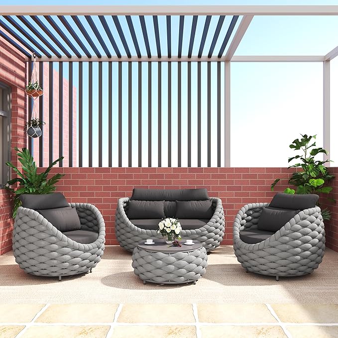 5 Pieces Patio Furniture Set Outdoor Rope Conversation Sectional Patio Sofa with 5 Seater for Backyard, Porch, Modern Armchairs with Thickness Cushions and Side Table