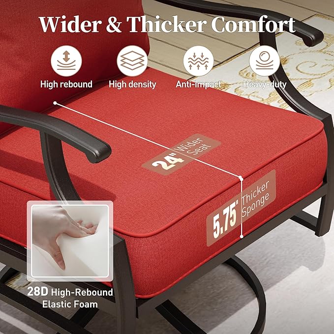 5 Piece Metal Outdoor Patio Furniture Set with Fire Pit Table, Patio Conversation Sets 4 Rocking Chairs with 5.75" Thick Cushion and 5000 BTU Fire Pit Table, Backyard Furniture, Red