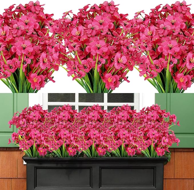 AmyHomie 20 Bundles Artificial Flowers for Outdoor Outside Spring Summer Decoration UV Resistant Faux Flowers No Fade Fake Plastic Plants Garden Porch Window Box Decorating (Fuchsia)