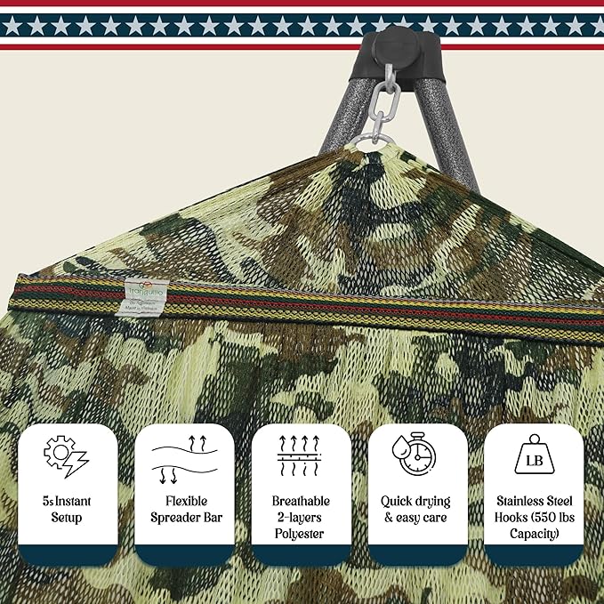 Tranquillo Uniki 550 lbs Capacity Hammock 3-Year Warranty 30s Folding Camping Hammock with Stand, Portable Hammock for Indoor Outdoor, Instant Setup No Screws Needed, Camo