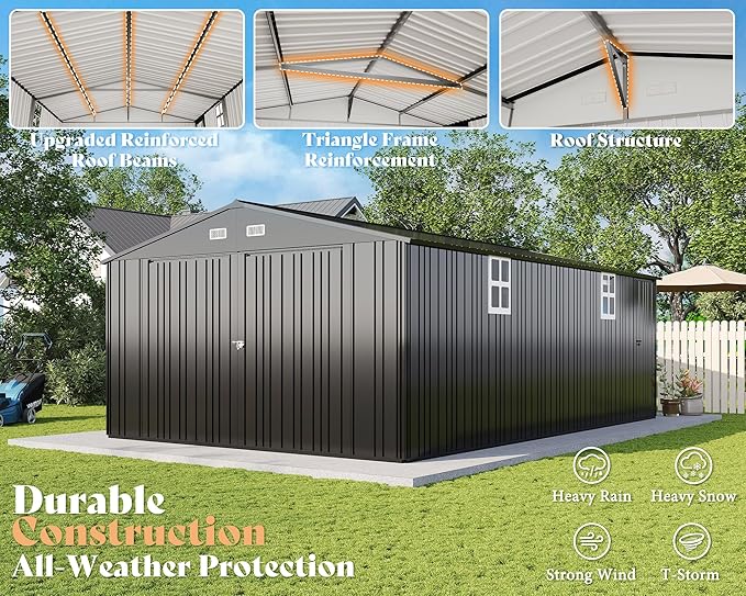 AMERLIFE 13x21x8.4 FT Outdoor Metal Garage Shed, Extra Large Storage Shed with Double Hinged Doors & 4 Windows, Carport for Car, Truck, Bicycle and Equipment Storage, Dark Gray