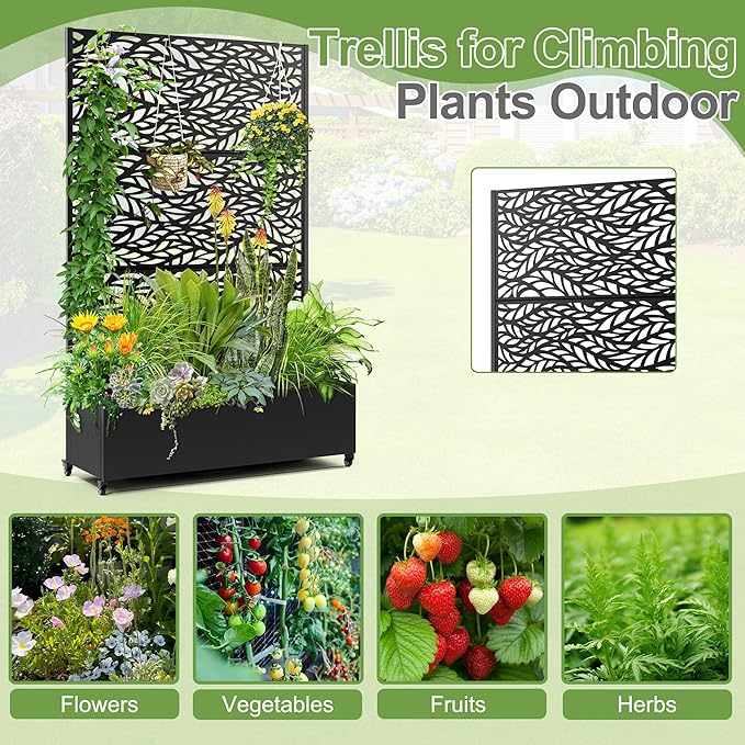 Raised Garden Bed with Trellis and Wheels,73"x47"x16" Metal Raised Garden Bed,Black Flowing Leaf Metal Planter with Climbing Trellis for Vines & Vegetables