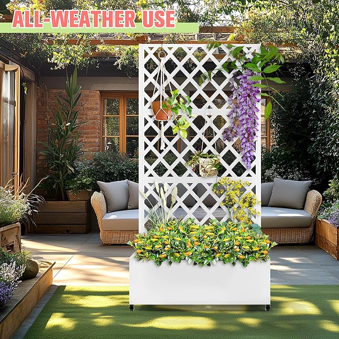 Metal Planter Box with Trellis, Raised Garder Bed with Drainage Hole, Privacy Screen & Trellis for Climbing Plants, Outdoor Plant Stands, 35''L×17''W×73''H, White