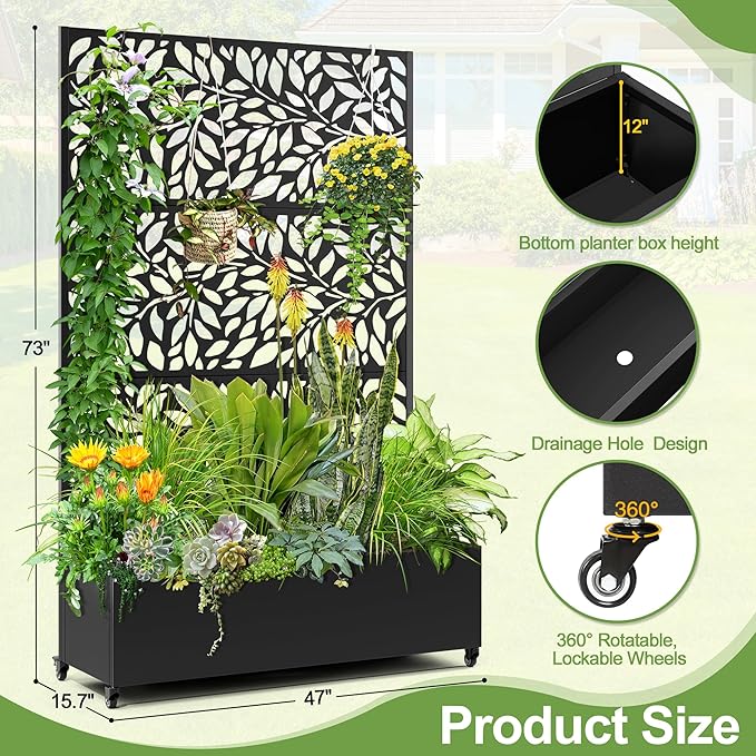 Raised Garden Bed with Trellis and Wheels,73"x47"x16" Metal Raised Garden Bed,Black Flowing Leaf-2 Metal Planter with Climbing Trellis for Vines & Vegetables