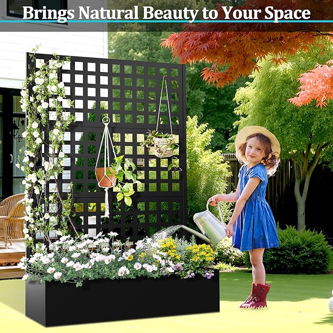Metal Planter Box with Trellis, Planter Box with Privacy Screen, Privacy Trellis Outdoor for Climbing Plants with Drainage Holes, Raised Garden Bed for Vegetables