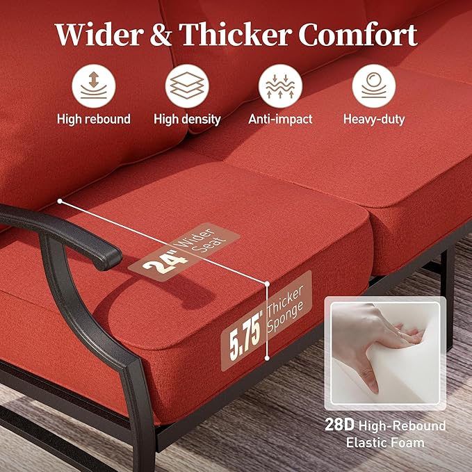 5 Piece Metal Outdoor Patio Furniture Set, Patio Conversation Sets 1 3-Seater Sofa, 2 Fixed Chair, 2 Ottomans with 5.75" Thick Cushion, Black All-Weather Frame Backyard Furniture, Red