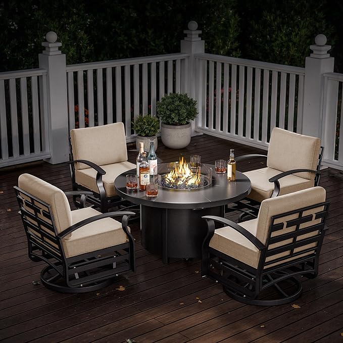 Kurapika 5 Piece Modern Metal Outdoor Conversation Sets, Patio Furniture Set, 4 Aluminum Swivel Chairs w/48in Round Propane Fire Pit Table and Thickened Cushions, Sand