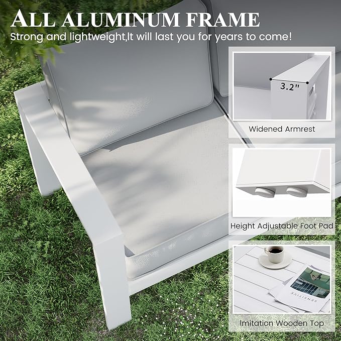 Patio Furniture Set with Fire Pit Table, Aluminum Patio Furniture Set,White Outdoor Metal Sectional Sofa with Aluminum Fire Pit Table for Garden Backyard (Include Waterproof Cover)