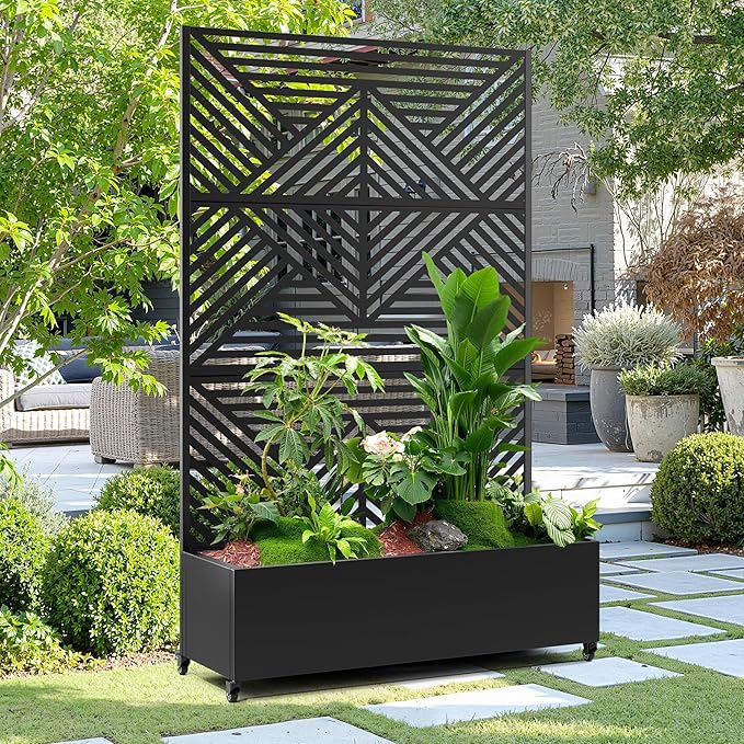 15.7"×70.9"×47.2" Metal Raised Garden Bed with Trellis and Wheels - Tall Trellis Planter Box for Climbing Plants, Vegetables & Vines - Outdoor Privacy Planters for Patio (Black-Zodiac)