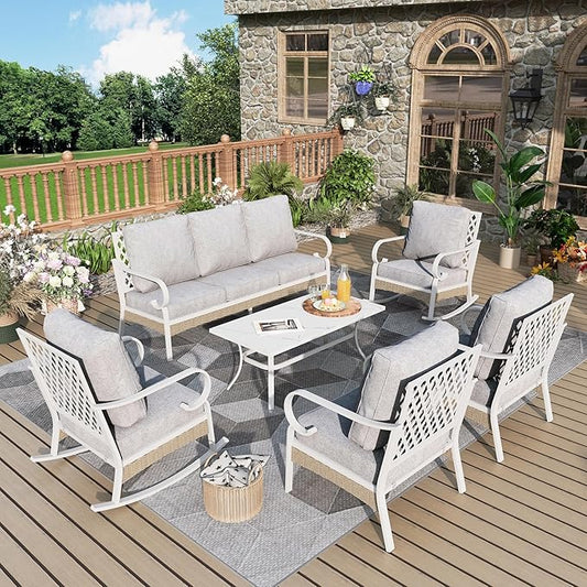 6 Piece Patio Furniture Set, 2 x Fixed Chair, 2 x Rocking Chair, 1 x 3-Seat Sofa with Marbling Coffee Table, 7 Seats Outdoor Conversation Set for Lawn Garden Backyard, Light Gray