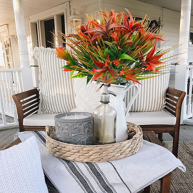 Uieke 16Pcs Outdoor Artificial Plants UV Resistant, Fake Morning Glory Flowers with Orange Grass, Tropical Flowers Fall Leaves Foliage for Garden Patio Sidewalk Décor Red