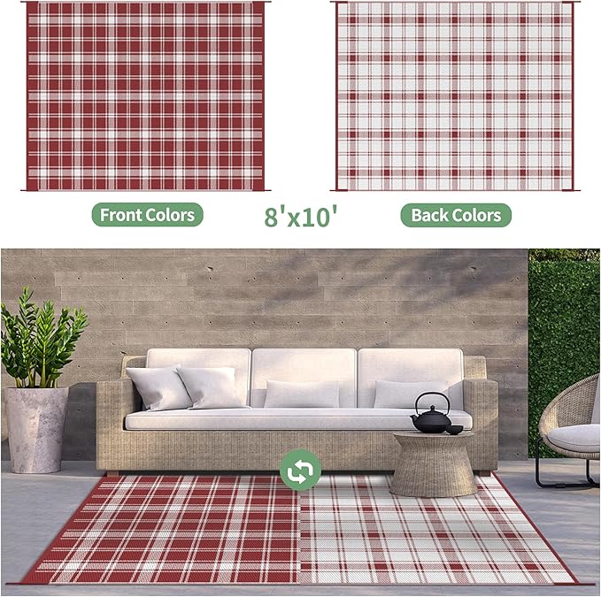 GENIMO Christmas Outdoor Rug for Patio, 8'x10' Waterproof Reversible Plastic Straw Rugs, Lightweight RV Camping Mat for Camper, Balcony, Deck, Backyard, Picnic, Red & White