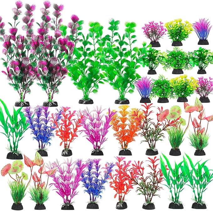 CousDUoBe 30Pcs Aquarium Plants, Fish Tank Accessories Artificial Aquatic Plants,Full Set of Fish Tank Decorations, Various Sizes