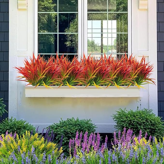 Outdoor Artificial Plants 8 Bundles Fake Plants Grass UV Resistant Fake Flowers Bush Greenery,17Inch Tall Faux Grass Shrubs for Home Porch Pathway Garden Décor Outside Indoor (red)