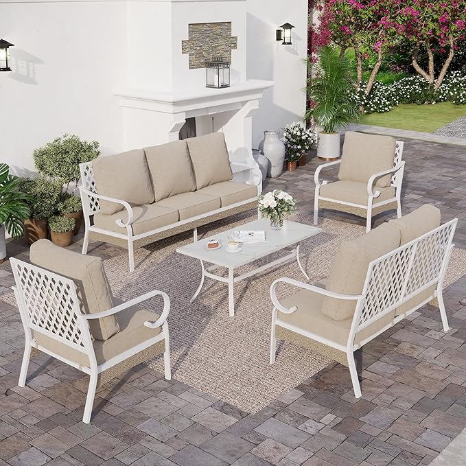 6 Piece Metal Outdoor Patio Furniture Set, Patio Conversation Set 1 3-Seater Sofa, 2-Seater Sofa, 2 Fixed Chair with 5.75" Thick Cushion & Coffee Table White Backyard Furniture, Beige