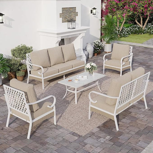 6 Piece Metal Outdoor Patio Furniture Set, Patio Conversation Set 1 3-Seater Sofa, 2-Seater Sofa, 2 Fixed Chair with 5.75" Thick Cushion & Coffee Table White Backyard Furniture, Beige