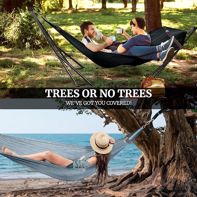 Tranquillo Universal Hammock with Stands Electro Static Coated Steel, Adjustable Foldable Hammock Stand with 2 Layered Polyester Net and Carry Bag for 2 Persons (Combo - Black)