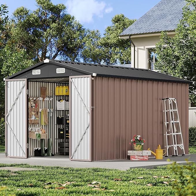 8×15FT Outdoor Storage Shed, Metal Garden Shed with Lockable Double Doors & Sloping Roof, Weather-Resistant Tool Shed for Backyard, Patio, Poolside Brown
