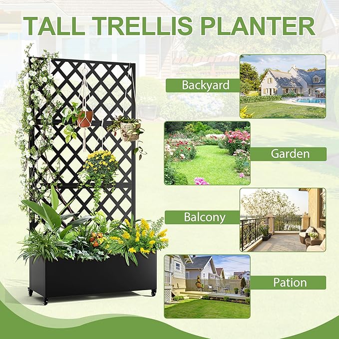 Metal Planter Trellis Box with Wheels & Drain Plug Outdoor Raised Garden Bed Patio Privacy Screen with Planter for Climbing Plants, Vegetables 73"x35"x16" Black-Diamond